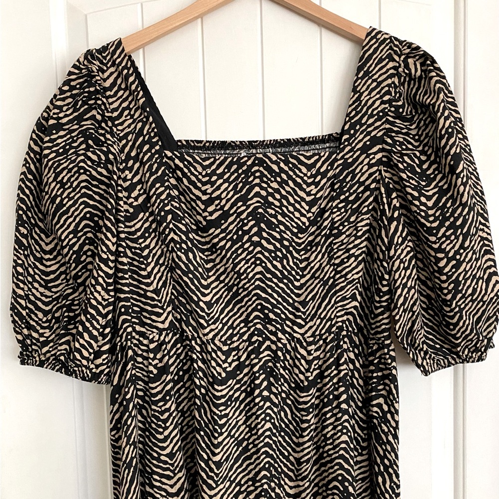 ♦️SOLD♦️ Mango Puff Sleeve Midi Dress Abstract Animal Print Black & Tan Size 10 - Picture 7 of 13